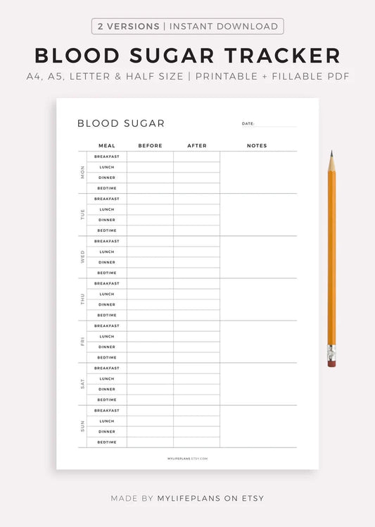 Blood Sugar Tracker Printable Template, Blood Glucose Tracker, Diabetic Log, Blood Sugar Log, Diabetes Tracker, Health Tracker