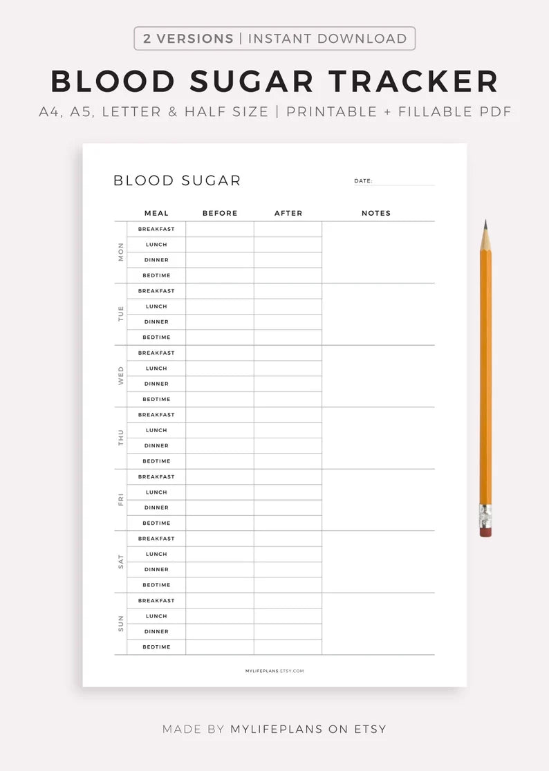 Blood Sugar Tracker Printable Template, Blood Glucose Tracker, Diabetic Log, Blood Sugar Log, Diabetes Tracker, Health Tracker